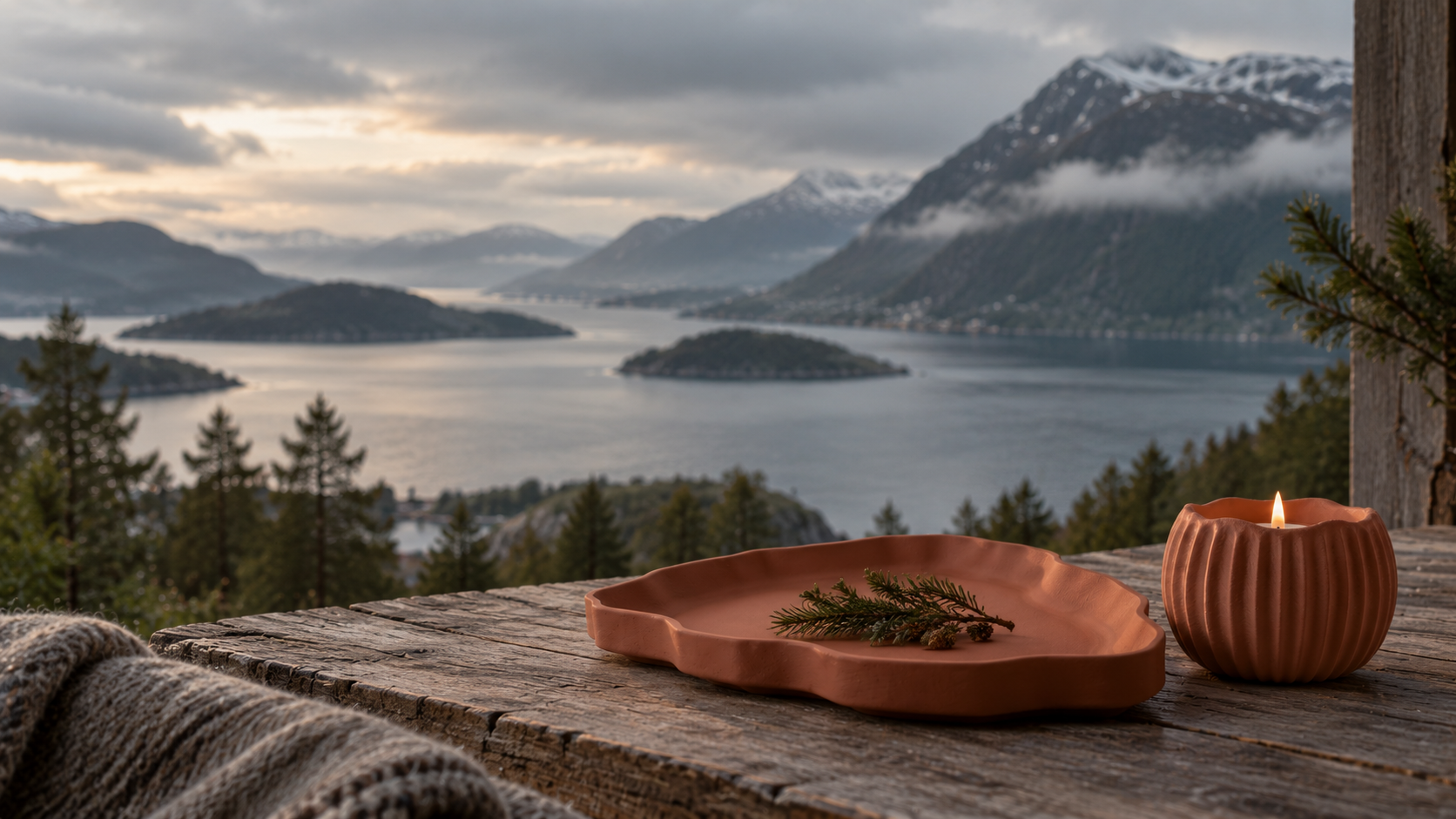 Brett og telysholder fra Furu-serien på et grovt trebord, med fjord og fjell i bakgrunnen
